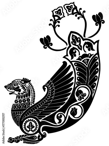 A  black vector illustration of the Simurgh, a majestic winged creature from Persian mythology.