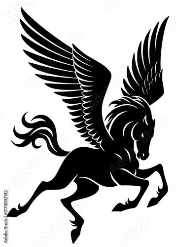 A dynamic, bold black silhouette illustration of Pegasus, the winged horse from Greek mythology, mid-leap with its wings spread