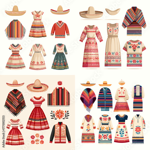 Traditional Mexican clothing and textile illustration including dresses, ponchos, sombreros, and embroidery. Ideal for cultural design, folk fashion, and heritage art concepts.