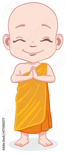 An adorable cartoon of a young Buddhist monk in an orange robe, posing in a respectful wai (prayer) gesture with a gentle smile.