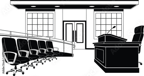 Empty courtroom with seating and a judge's bench, ready for proceedings
