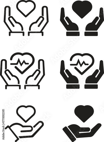 Heart in Hand Icon set. Healthcare, Donation and giving aid concept , Hands holding heart icon. Health, medicine symbol. Healthcare hands holding heart flat and line style. Love icon.