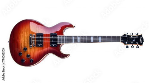 A sunburst electric guitar with a black headstock on a black background in a studio shot on transparent background