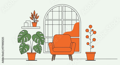 Cozy armchair and lush houseplants in a bright room with a large arched window