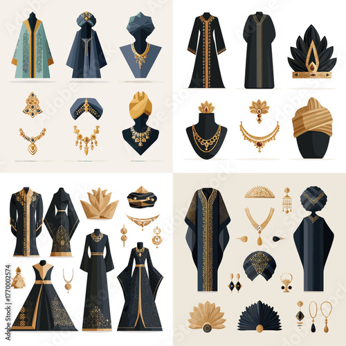 Elegant royal fashion and jewelry collection in black and gold with luxurious gowns, crowns, and accessories. Ideal for luxury design, haute couture, and cultural illustration.