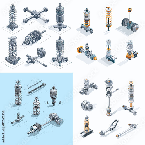 Detailed isometric illustration of car suspension and shock absorber parts. Perfect for engineering, automotive, mechanic, and vehicle maintenance concept designs.