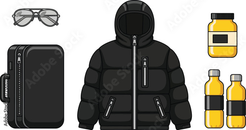 Essential travel gear and clothing, including a puffer jacket, suitcase, sunglasses, and drinks.