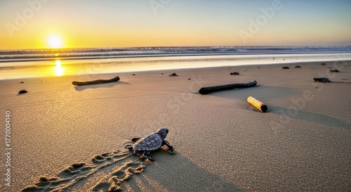 Fototapeta Naklejka Na Ścianę i Meble -   A turtle hatchling journeying from nest to sea at dawn 1