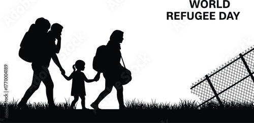 Family silhouette walking with backpacks towards a fence, symbolizing displacement and hope.