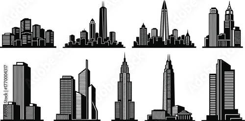 Diverse collection of modern and classic skyscraper silhouettes against a clean white background