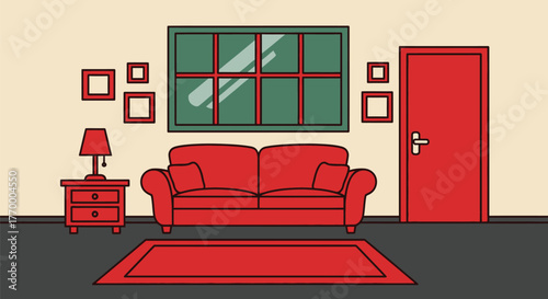 Cozy living room with a vibrant red sofa, rug, and door, illuminated by natural light from a large window.