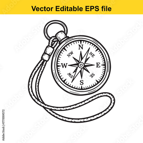 Vintage compass with rope, navigational tool for direction and travel