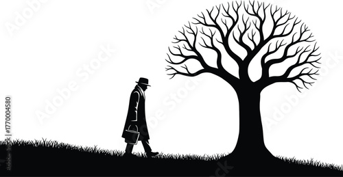 Solitary figure in silhouette walks away from a bare tree on a grassy hill, evoking a sense of contemplation.