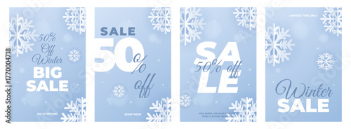 Winter sale banners set with snowflakes. Social media post template. Vertical vector illustration for season discounts