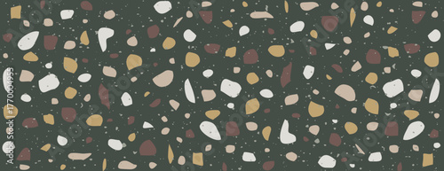 Speckle Terrazzo texture. Pattern with glass, marble and natural stone. Minimalist background in venetian style. Vintage vector illustration.