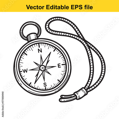 Old compass with rope, navigational tool for direction and travel