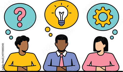 Three people thinking with icons above their heads question mark, lightbulb, and gear, representing problem solving and idea generation vector illustration