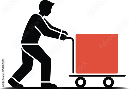 Silhouette of a person pushing a red box on a trolley vector illustration