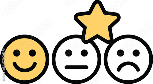 Three emoticons showing different emotions happy, neutral, and sad, with a star vector illustration