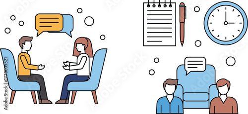 Two people in conversation, with speech bubbles and a separate vector illustration of a notepad, pen, clock, and two people sitting