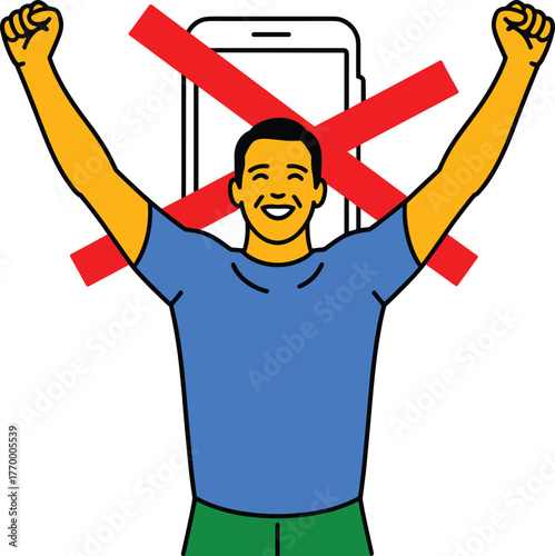 Man celebrating freedom from phone addiction, no smartphone, digital detox concept vector illustration