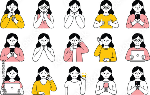 Collection of a woman's face and upper body showing various emotions and actions with mobile devices vector illustration