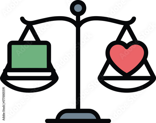 Balance scale weighing a square object against a heart, representing the balance between logic and emotion vector illustration