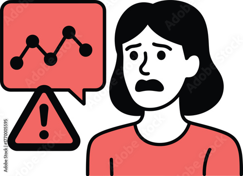 Worried person looking at a graph with a warning sign, indicating financial or business crisis vector illustration