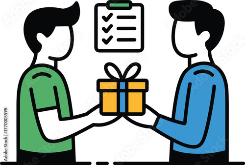 Two people exchanging a gift box, with a checklist in the background, symbolizing delivery and service vector illustration