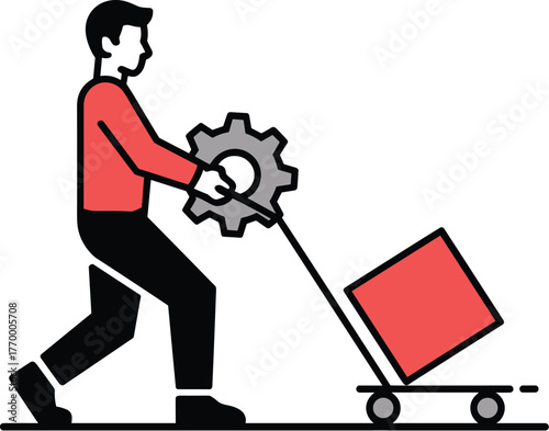 Man pushing a cart with a gear and a box vector illustration