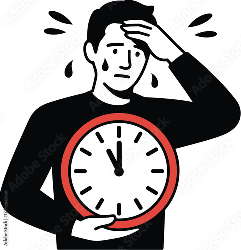 Stressed man holding a clock vector illustration