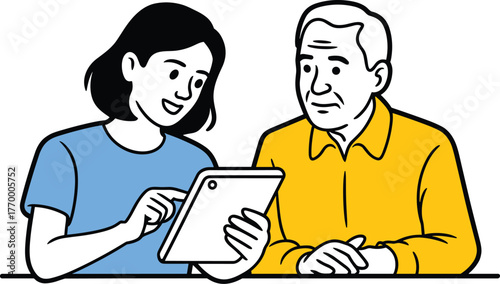 Young woman showing something on a tablet to an older man vector illustration