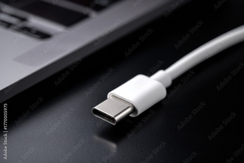 Fototapeta premium White USB-C connector on a cable next to a laptop, on a dark surface