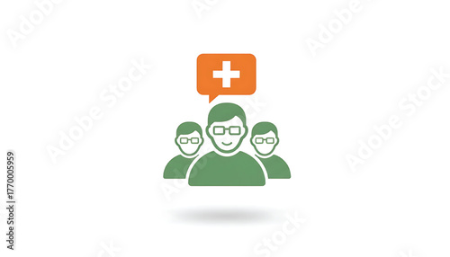 Vector illustration of patients group and speech bubble with medical cross. Symbol of public health