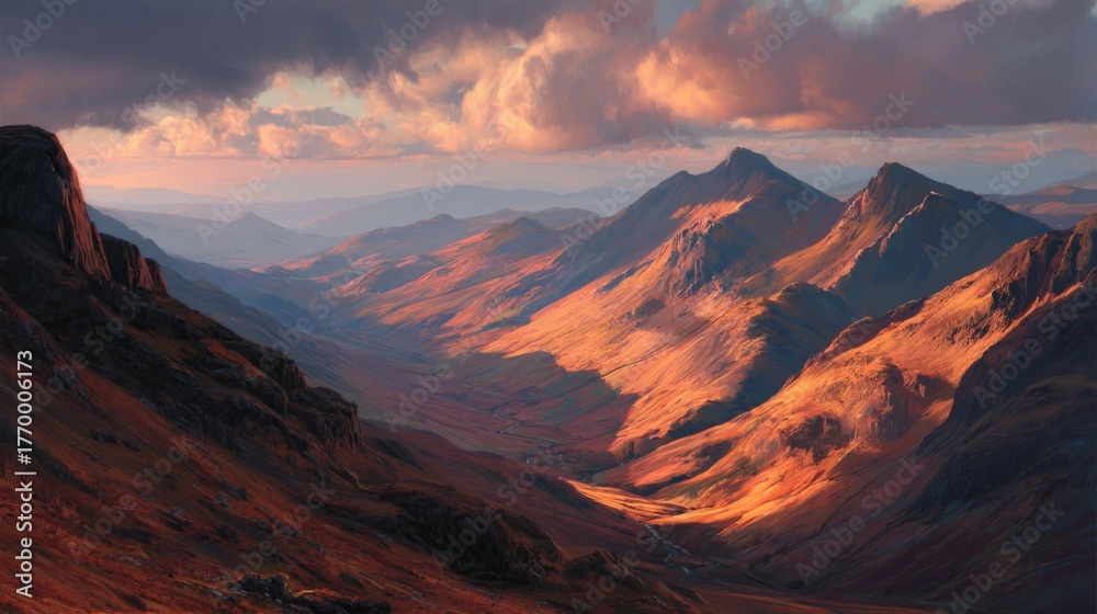 Fototapeta premium Scenic Landscape of Majestic Mountains and Rolling Hills at Sunset with Dramatic Clouds and Beautiful Light Over Quiet Valley