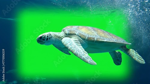 Sea Turtle Swimming Underwater with Green Screen for Composition