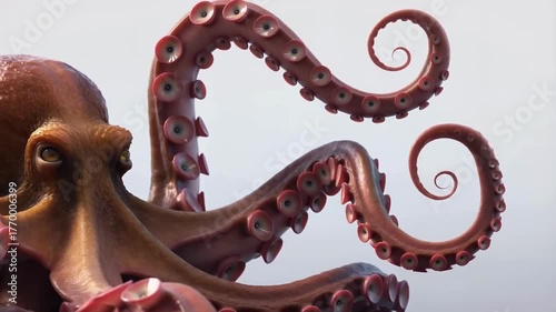 A highly detailed 3D video of an octopus gently moving its tentacles, isolated on a pure white seamless background. Each tentacle flows smoothly with natural organic motion, showing realistic suction.