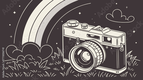 A vintage camera with a rainbow and clouds in the background, drawn in a retro style with a dark background