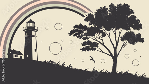 A lighthouse by the sea with a rainbow and a tree, drawn in a vintage style with a light background