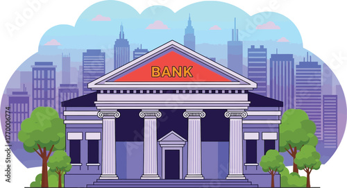 Grand bank building with classical columns stands proudly against a modern city skyline.