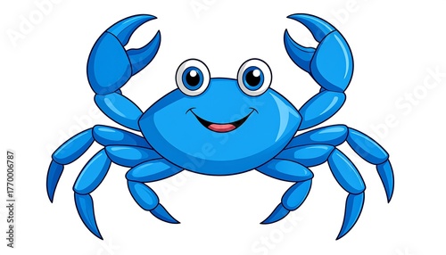 Cartoon depiction of a smiling, cheerful blue crab with outstretched claws