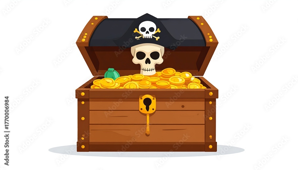 Naklejka premium Cartoon of wooden chest overflowing with gold, pirate hat, and skull