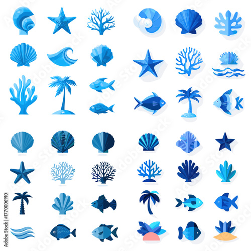 Blue marine vector collection with fish, seashells, coral, waves, and palm trees. Ideal for summer, ocean, sea life, and tropical beach design projects.