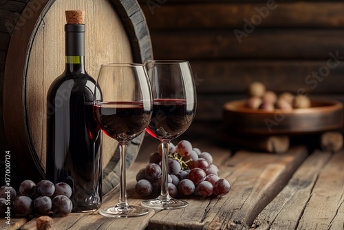 Red wine bottle and glasses on rustic wooden table with barrel