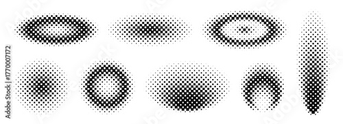 Halftone gradient collection. Dotted texture round and ellipse patterns. Comic faded circles and ovals background set. Pixelated halfton element group for frame, poster, collage, banner, flyer. Vector
