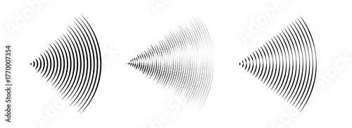 Dotted and linear sound wave signal set. Radial radio and music audio icon collection. Rippled radar vibration element sign bundle. Black curved impulse lines pack. Echo soundwave symbols. Vector