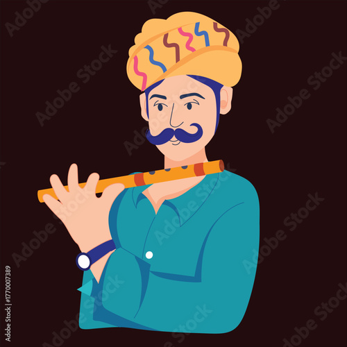 Indian Musician Playing Flute (Bansuri) on Dark Background