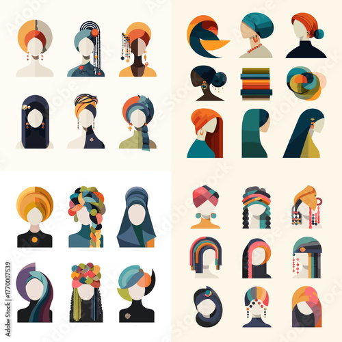 Colorful flat vector set of women wearing turbans, headwraps, and braids. Great for fashion, culture, diversity, identity, and global beauty concept designs.