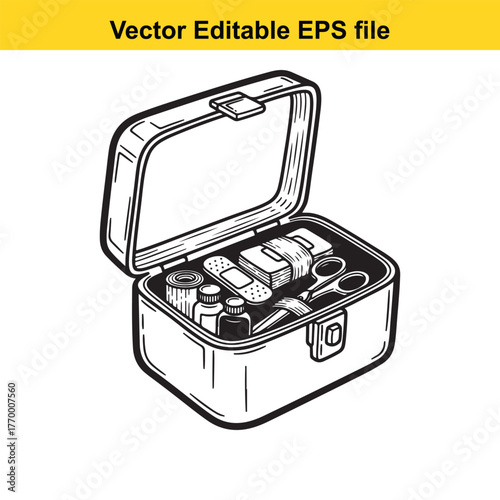 Open first aid kit with medical supplies including bandages, scissors, and bottles