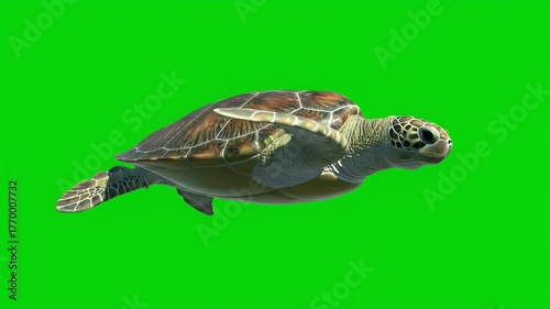 Sea Turtle Swimming Isolated on Green Screen Background - Wildlife Stock Image